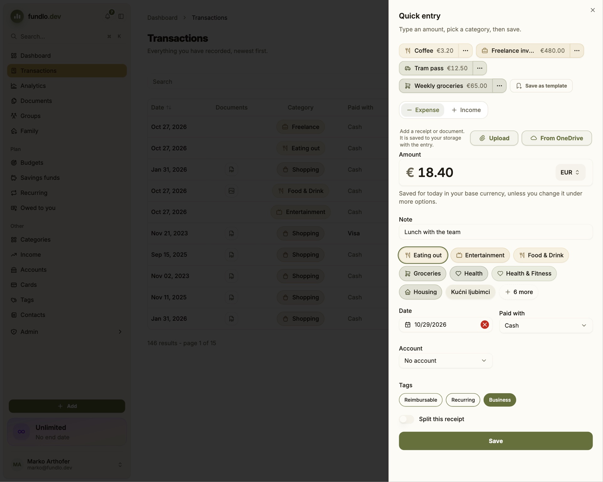 Quick entry - amount, note, category and tags in one panel